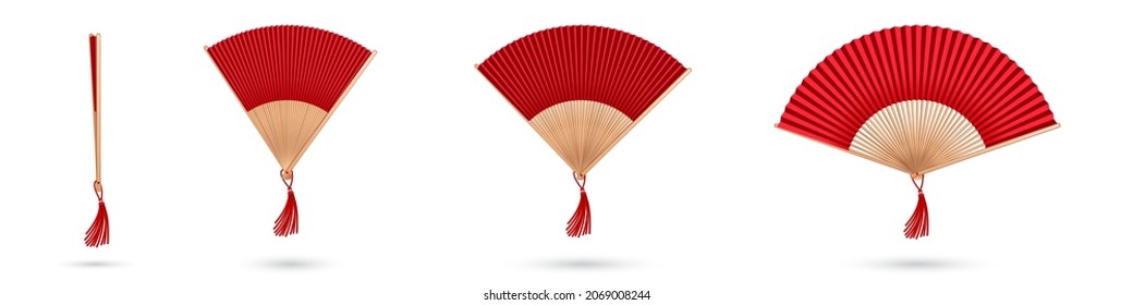 Chinese hand fan, oriental wooden handlend accessory. Vector realistic set of open and closed red japanese fan, traditional asian or spanish folding souvenir with tassel isolated on white background