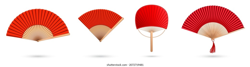 Chinese hand fan red and gold isolated handheld souvenir from China or Japan, folding paper or silk blower. Traditional oriental collection asian foldable decor, Realistic 3d Vector mock up