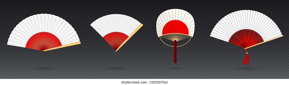 Chinese hand fan red, white and gold color, isolated handheld souvenir from China or Japan, folding paper or silk blower. Traditional oriental asian geisha collection, Realistic 3d Vector mock up