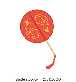 Chinese hand fan of round shape. Asian handheld silk accessory with gold ornament and fringe. Traditional oriental object for air cooling. Flat vector illustration isolated on white background