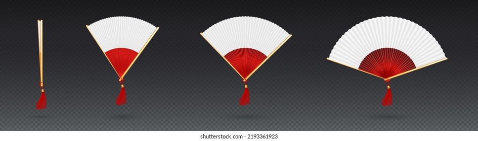 Chinese hand fan, traditional asian accessory isolated on transparent background. Open and closed red and white wooden japanese fan with tassel, vector realistic set