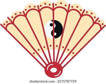 Chinese Hand Fan with Yin Yang Design Hand Drawn Vector Illustration