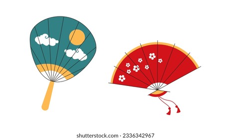 Concepto de fanáticos de la mano china. Coloridos elementos tradicionales para el clima cálido y la temporada de verano. Plantilla, disposición y burla. Dibujo vectorial plano de dibujos animados aislado en fondo blanco