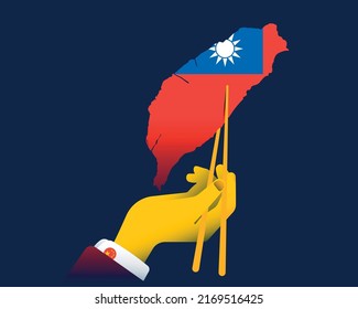 Chinese hand holds the outline of the Taiwan island with Chinese chopsticks. The concept of Taiwan and China relations. China's power over Taiwan. Bad international relations, global world trade. svg