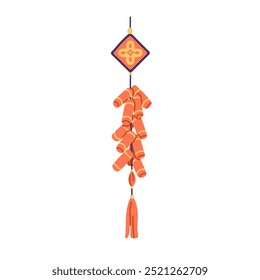 Enfeite chinês pendurado com nós de corda, borlas, fogos de artifício. Acessório decorativo oriental asiático tradicional, adorno pingente festivo. Ilustração de vetor plano isolada no plano de fundo branco