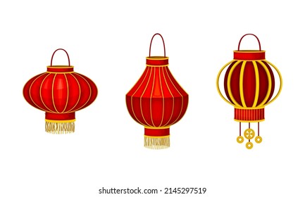 Chinesische Hängeblatten mit runder und zylindrischer Form. traditionelles asiatisches Neujahrsdekor-Element, Vektorgrafik