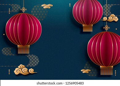 Chinese hanging red lantern blue background in paper art style