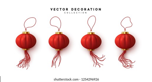 Chinese hanging red lanterns realistic isolated on white background