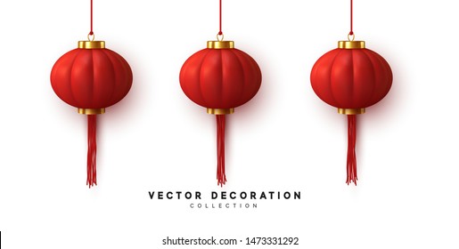 Chinese hanging red lanterns realistic isolated on white background