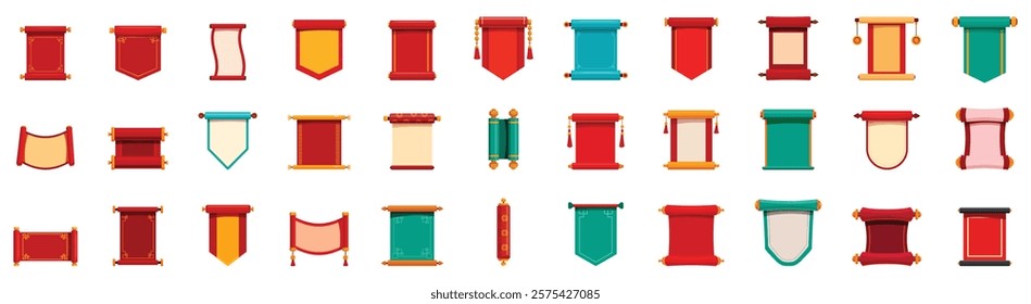 Chinese hanging scroll icons set. Set of ancient scrolls representing traditional asian documents with blank space for calligraphy or imperial edicts