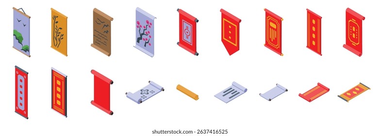 Chinese hanging scroll icons set. Various artistic scroll designs showcasing vibrant colors and patterns