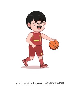 Chinese Happy cute kid boy play train basketball Dribbling Ball