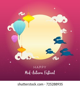 Chinese Happy Mid-Autumn Festival Vector illustration, Colorful Chinese lanterns with rabbits and full moon on starry sky.