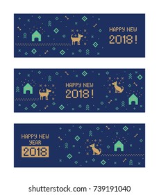 Chinese happy new year 2018 cross stitch greeting internet banners set with dog. Pixel art