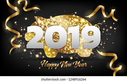 Chinese Happy New Year 2019 Golden Pig Greeting Card Background. Vector illustration