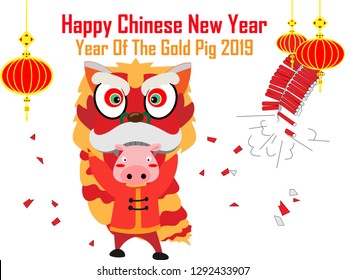 Chinese Happy new year 2019 year of pig.Pig are dancing lion vector illustration background. 