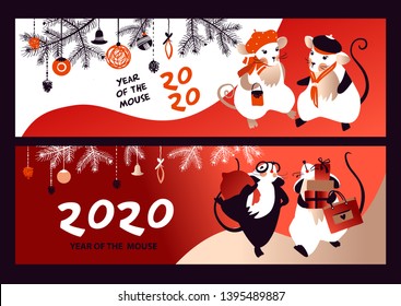 Chinese Happy new year 2020. Template card for Happy new year party with white rat, mice. Lunar horoscope sign.  Funny sketch mouse with long tail. Vector illustration.