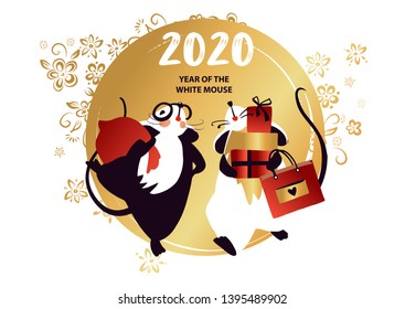 Chinese Happy new year 2020. Template card for Happy new year party with white rat, mice. Lunar horoscope sign.  Funny sketch mouse with long tail. Vector illustration.