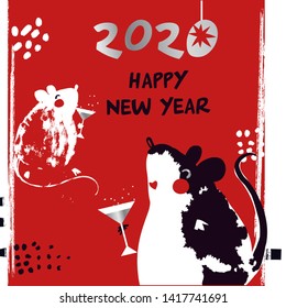 Chinese Happy new year 2020. Template card for Happy new year party with white rat, mice. Lunar horoscope sign mouse. Funny sketch mouse with long tail. Vector illustration.