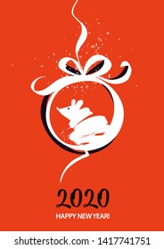 Chinese Happy new year 2020. Template card for Happy new year party with white rat, mice. Lunar horoscope sign mouse. Funny sketch mouse with long tail. Vector illustration.
