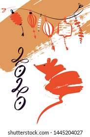 Chinese Happy new year 2020. Template card for Happy new year party with rat, mice. Lunar horoscope sign. Funny sketch mouse. Vector illustration.