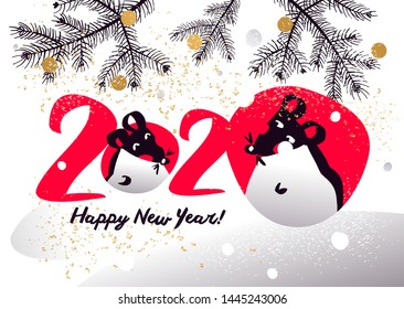 Chinese Happy new year 2020. Template card for Happy new year party with rat, mice. Lunar horoscope sign. Funny sketch mouse. Vector illustration.