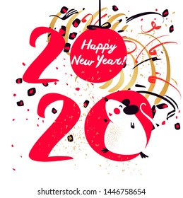 Chinese Happy new year 2020. Template card for Happy new year party with rat, mice. Lunar horoscope sign. Funny sketch mouse. Vector illustration.