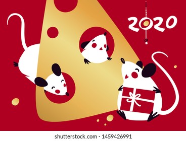 Chinese Happy new year 2020. Template card for Happy new year party with white rat, mice. Lunar horoscope sign. Hieroglyph translate mouse. Funny sketch mouse with long tail. Vector illustration.