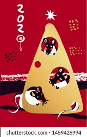 Chinese Happy new year 2020. Template card for Happy new year party with white rat, mice. Lunar horoscope sign. Hieroglyph translate mouse. Funny sketch mouse with long tail. Vector illustration.