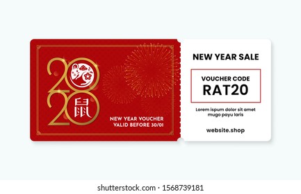 Chinese Happy New Year 2020 Year of Rat voucher gift template vector design with coupon code for shop discount promotion event. Mandarin translation: Happy New Year. Year