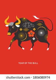 Chinese Happy New Year 2021. Year of the Bull. Greetings card. 
