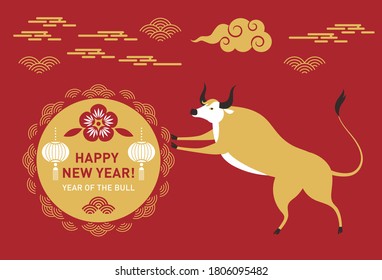 Chinese Happy New Year 2021. Year of the Bull. Greetings card. 