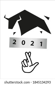 Chinese Happy new year 2021. Template poster, card, invitation for party with year 2021 symbol bull, ox, cow. Lunar horoscope sign. Sketch silhouette bull.