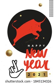 Chinese Happy new year 2021. Template poster, card, invitation for party with year 2021 symbol bull, ox, cow. Lunar horoscope sign. Sketch silhouette bull.