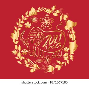 Chinese Happy new year 2021. Year of the bull. Gold and red Greeting card , poster, emblem
