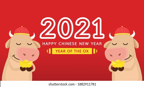 Chinese Happy new year 2021. Happy new year. Year of the Ox. Ox cartoon vector. Ox character design.