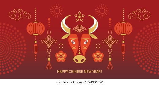 Chinese Happy New Year 2021. Year of the Bull. Greetings card. 