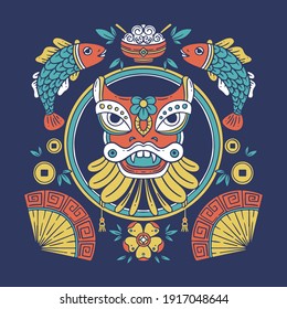 Chinese Happy New Year 2021. Year of the Bull. Greetings card with dragon, fish, coins and chinese sumbols.