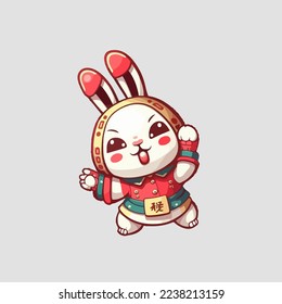 Chinese Happy new year 2023 with cute rabbit. Animal holidays cartoon character. Isolated on white background. year of the Rabbit zodiac sign.Chinese New Year Lunar 2023 vector. Text: New year Rabbit