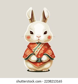 Chinese Happy new year 2023 with cute rabbit. Animal holidays cartoon character. Isolated on white background. year of the Rabbit zodiac sign.Chinese New Year Lunar 2023 vector. Text: New year Rabbit