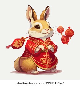 Chinese Happy new year 2023 with cute rabbit. Animal holidays cartoon character. Isolated on white background. year of the Rabbit zodiac sign.Chinese New Year Lunar 2023 vector. Text: New year Rabbit