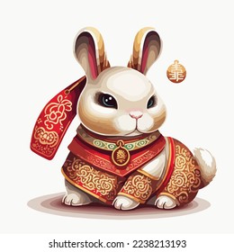 Chinese Happy new year 2023 with cute rabbit. Animal holidays cartoon character. Isolated on white background. year of the Rabbit zodiac sign.Chinese New Year Lunar 2023 vector. Text: New year Rabbit