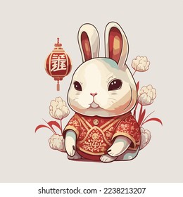 Chinese Happy new year 2023 with cute rabbit. Animal holidays cartoon character. Isolated on white background. year of the Rabbit zodiac sign.Chinese New Year Lunar 2023 vector. Text: New year Rabbit
