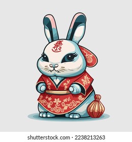 Chinese Happy new year 2023 with cute rabbit. Animal holidays cartoon character. Isolated on white background. year of the Rabbit zodiac sign.Chinese New Year Lunar 2023 vector. Text: New year Rabbit