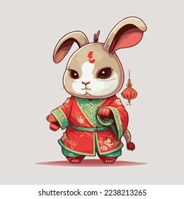 Chinese Happy new year 2023 with cute rabbit. Animal holidays cartoon character. Isolated on white background. year of the Rabbit zodiac sign.Chinese New Year Lunar 2023 vector. Text: New year Rabbit