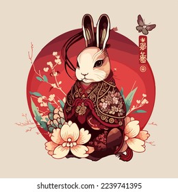 Chinese Happy new year 2023 with cute rabbit. Animal holidays cartoon character. Isolated on white background. year of the Rabbit zodiac sign.Chinese New Year Lunar 2023 vector. Text: New year Rabbit