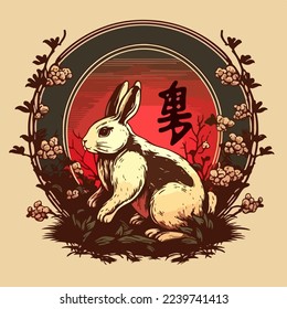 Chinese Happy new year 2023 with cute rabbit. Animal holidays cartoon character. Isolated on white background. year of the Rabbit zodiac sign.Chinese New Year Lunar 2023 vector. Text: New year Rabbit