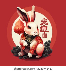 Chinese Happy new year 2023 with cute rabbit. Animal holidays cartoon character. Isolated on white background. year of the Rabbit zodiac sign.Chinese New Year Lunar 2023 vector. Text: New year Rabbit