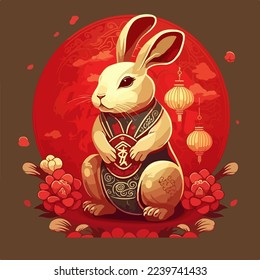 Chinese rabbit 2023 symbol. Cute cartoon white rabbit in chinese