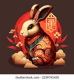 Chinese Happy new year 2023 with cute rabbit. Animal holidays cartoon character. Isolated on white background. year of the Rabbit zodiac sign.Chinese New Year Lunar 2023 vector. Text: New year Rabbit